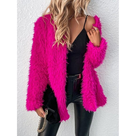 Plus Size Fuzzy Faux Fur Coat Waterfall Collar Long Sleeves Warm Outwear - Picture 2 of 5